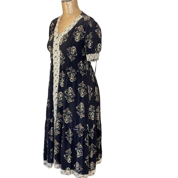 LAPIS BOHO Prairie Tiered Midi Dress Short Sleeve Empire Waist Sz M #267G - Picture 5 of 10